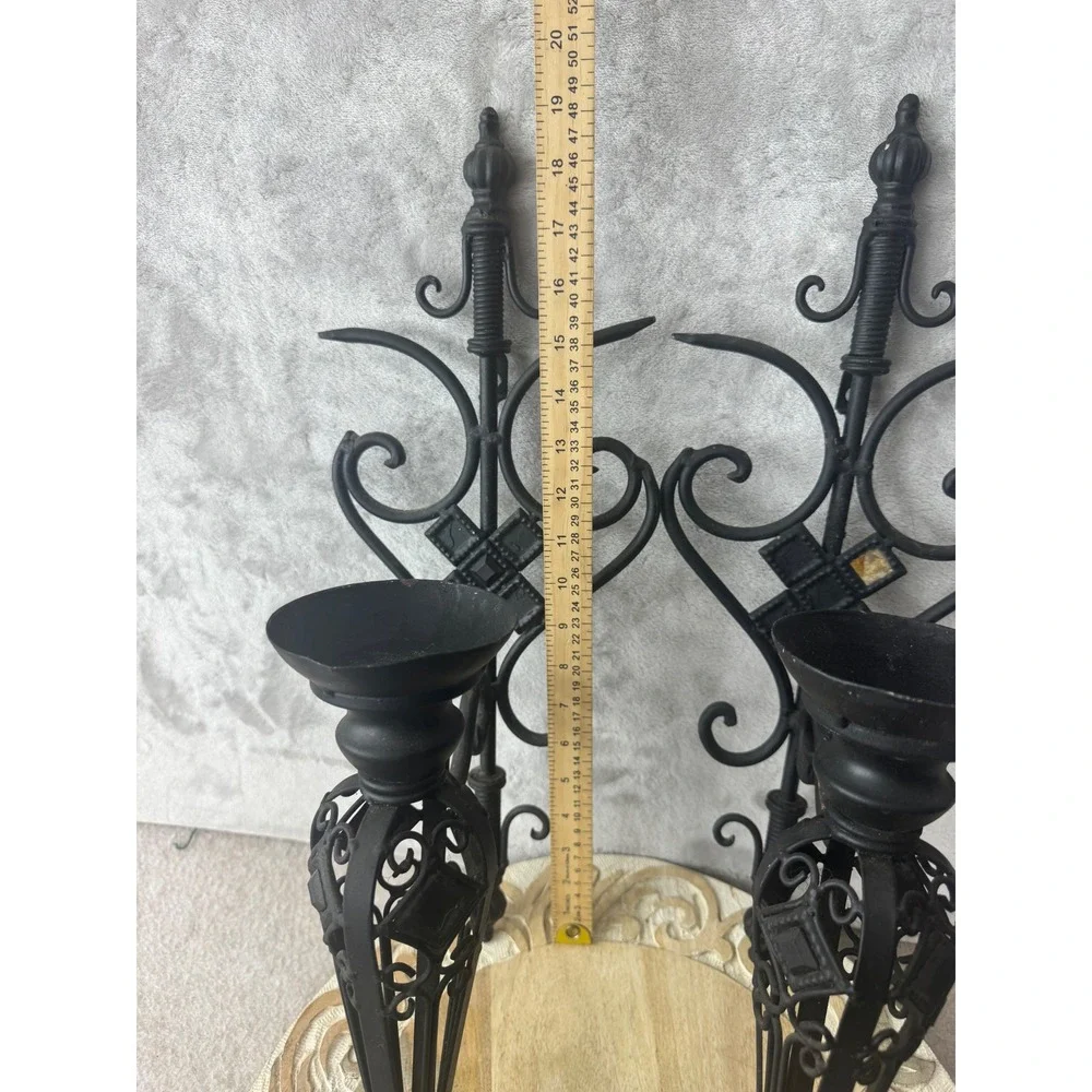 Vintage Black Wrought Iron Gothic Wall Sconce Pair Ornate Scrollwork 19.5 Inch